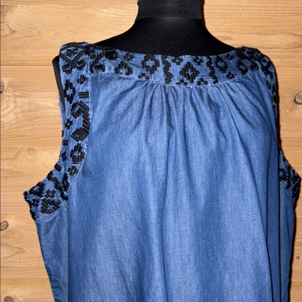Blue Chambray sleeveless shift dress Black embroidery XXL festival summer - Picture 7 of 10